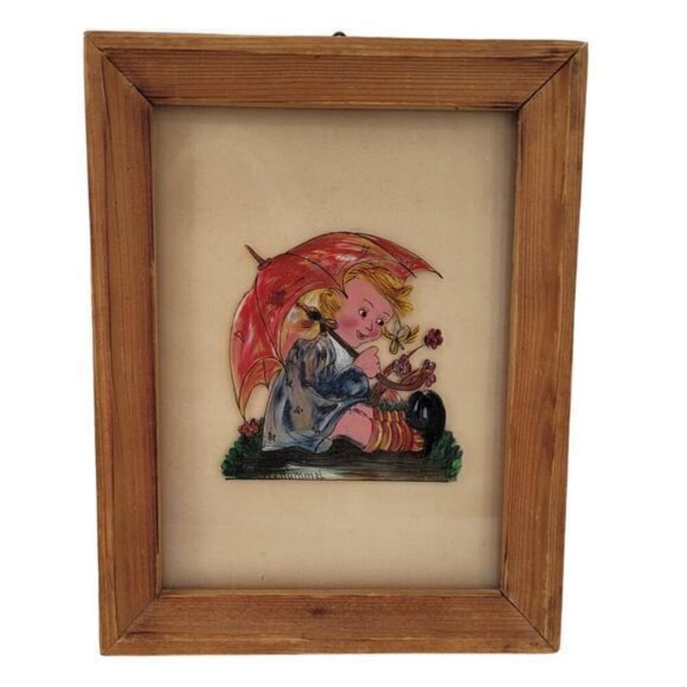 German Hummel Reverse‎ Painting Vintage Little Girl Framed Painting Wall Art